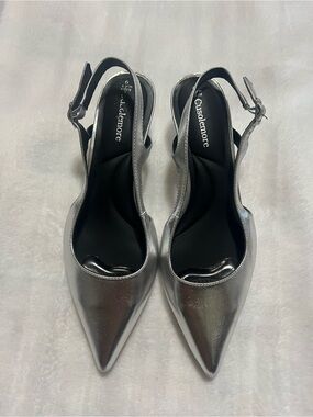 Metallic Silver Pointed Slingback Mules